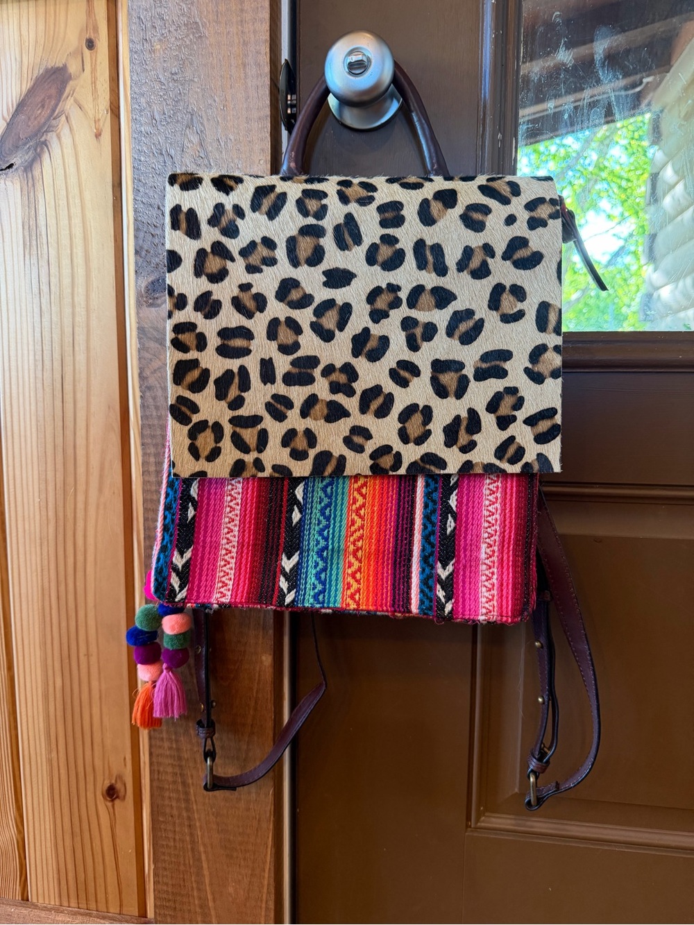 Leopard Print faux hair & Colorful Stripe Women’s Backpack Tote